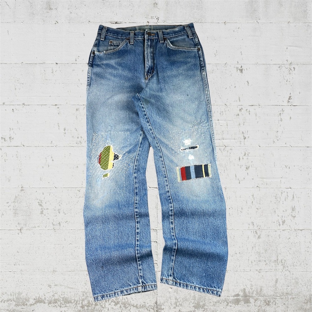 Dickies Straight Leg Jeans Mens 30x30 Blue Sashiko Patchwork Vintage Workwear